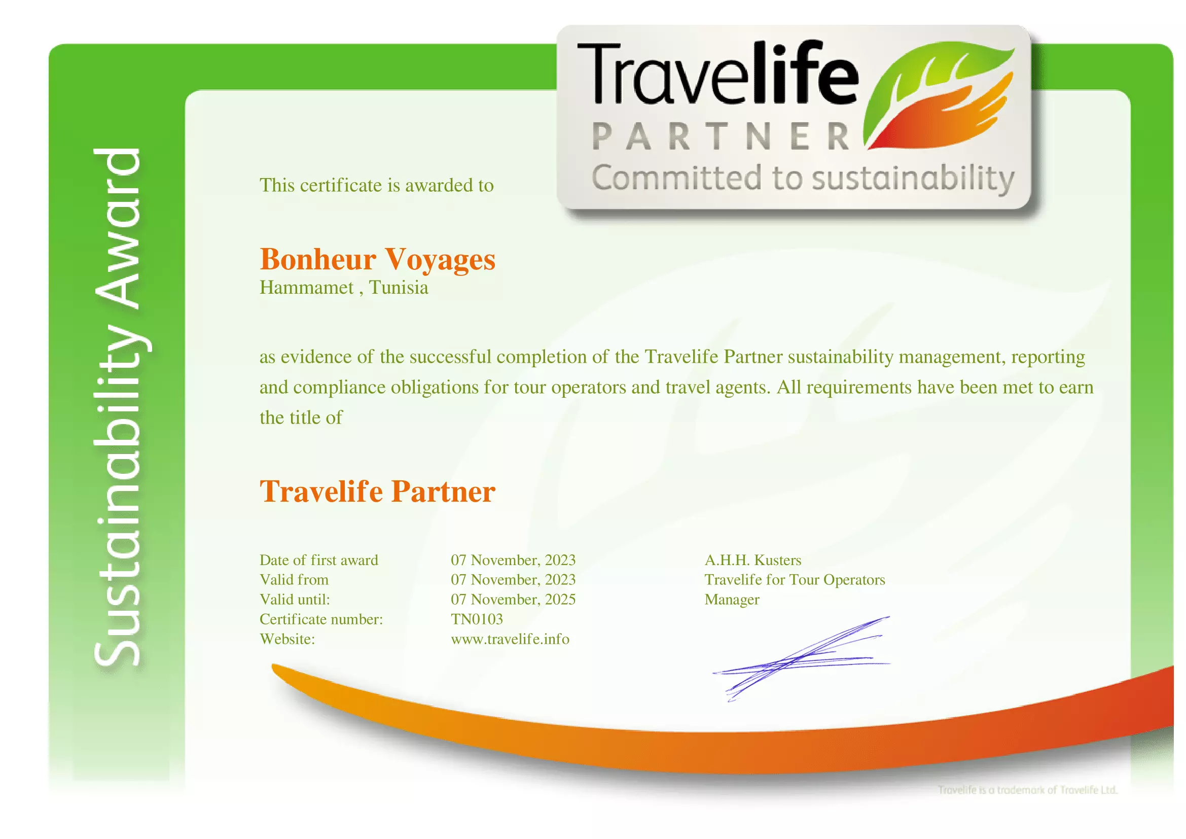 Certificate of bonheur voyage agency as a travelife partner
